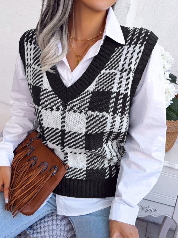 Women's Casual Contrast Color Plaid Knitted Vest Sweater Vest