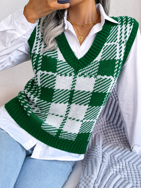 Women's Casual Contrast Color Plaid Knitted Vest Sweater Vest