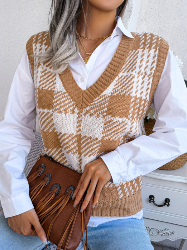 Women's Casual Contrast Color Plaid Knitted Vest Sweater Vest