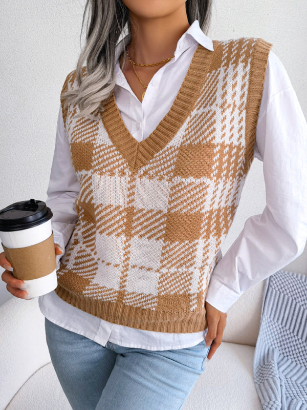 Women's Casual Contrast Color Plaid Knitted Vest Sweater Vest