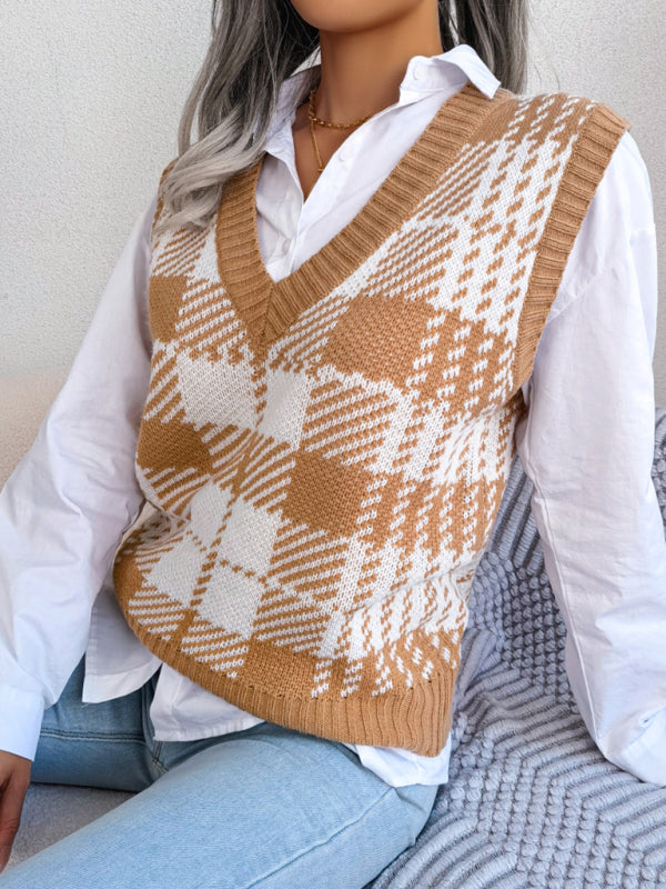 Women's Casual Contrast Color Plaid Knitted Vest Sweater Vest