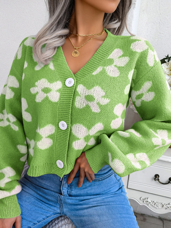 Women's Fashion Contrast Color Flower Lantern Sleeve Cardigan Sweater Coat