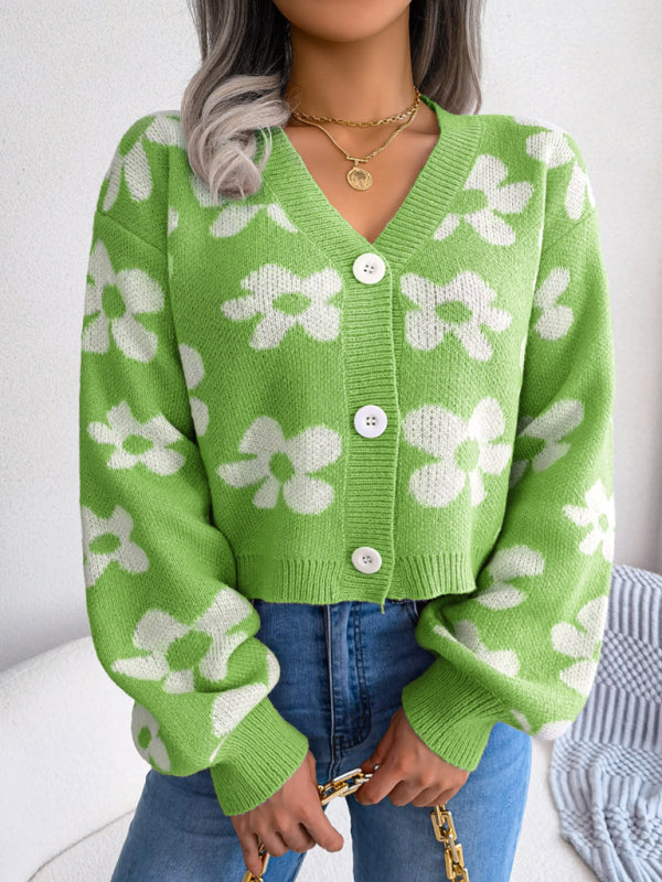 Women's Fashion Contrast Color Flower Lantern Sleeve Cardigan Sweater Coat