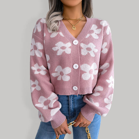 Women's Fashion Contrast Color Flower Lantern Sleeve Cardigan Sweater Coat