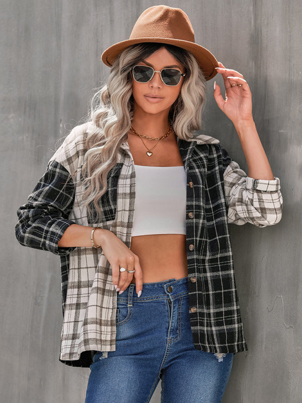 Women's lapel plaid long sleeve loose shirt