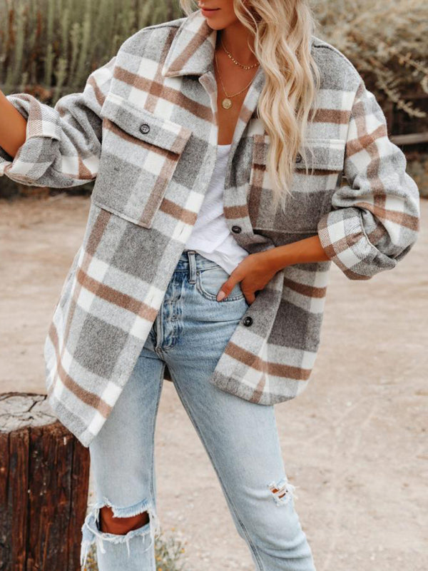 Women's Spread Collar Long Sleeves With Button Cuffs Plaid Shirt-jacket