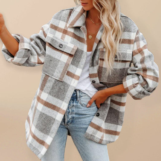 Women's Spread Collar Long Sleeves With Button Cuffs Plaid Shirt-jacket