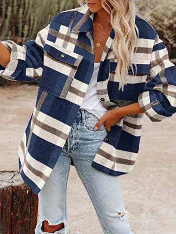 Women's Spread Collar Long Sleeves With Button Cuffs Plaid Shirt-jacket