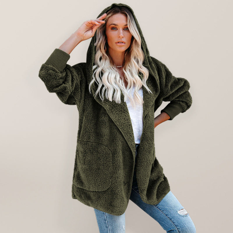 Women's Open Front Sherpa Hoodie With Side Pockets