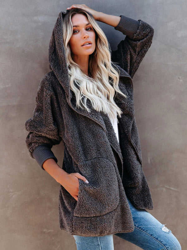 Women's Open Front Sherpa Hoodie With Side Pockets