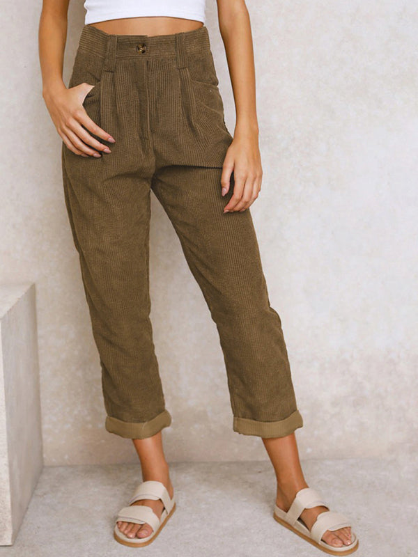 High Waist Lounge Pants Solid Color Corduroy Loose Straight Leg Trousers