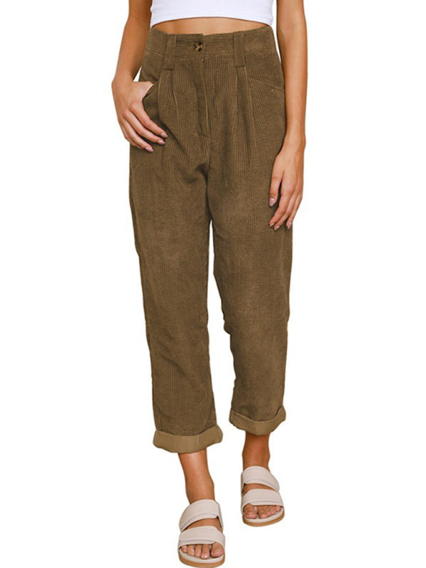 High Waist Lounge Pants Solid Color Corduroy Loose Straight Leg Trousers