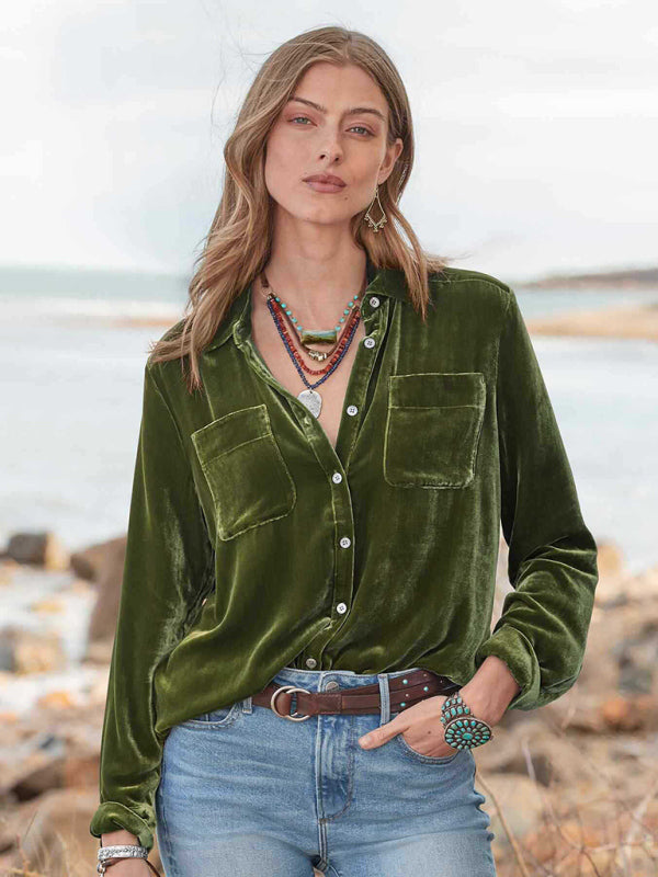 Women's Solid Color Velvet Button-up Shirt