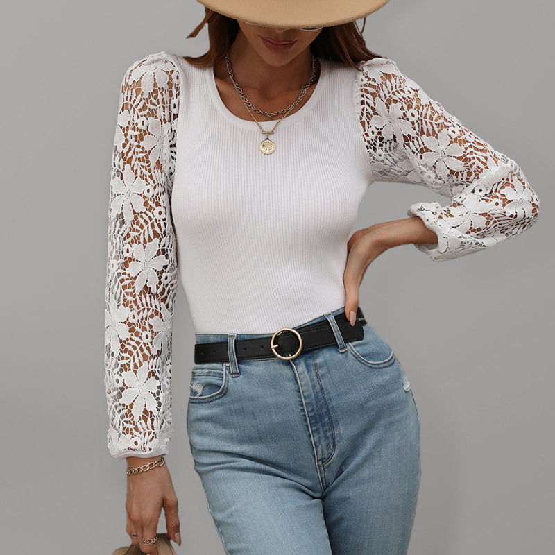 Women's Solid Color Embellished Lace Sleeve Sweater