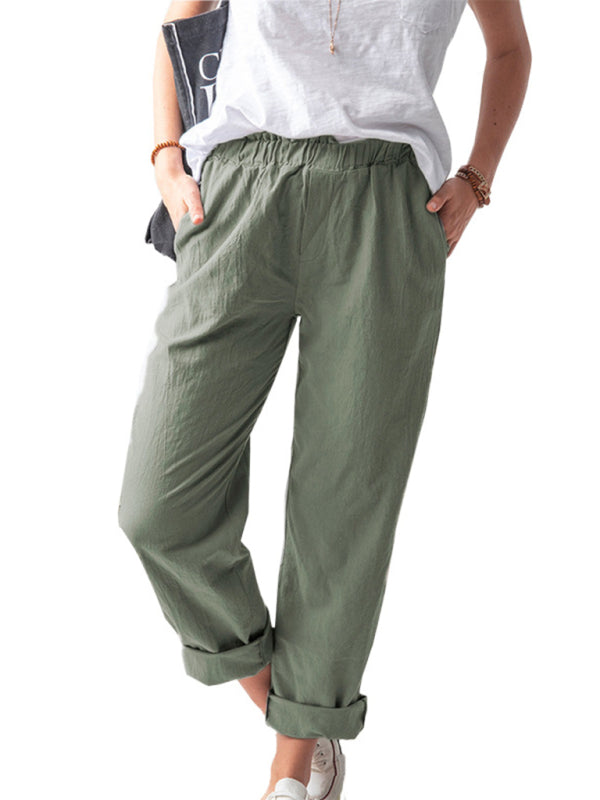 Solid Color Casual Elastic High Waist Straight Trousers