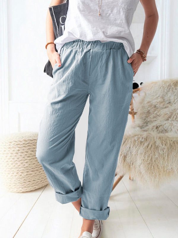 Solid Color Casual Elastic High Waist Straight Trousers