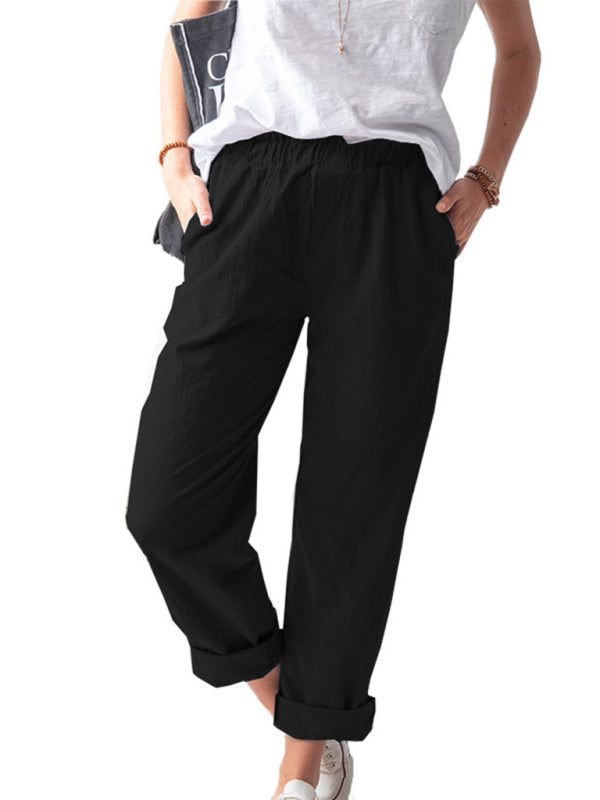 Solid Color Casual Elastic High Waist Straight Trousers