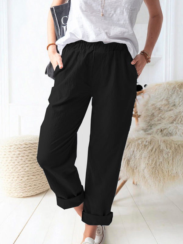 Solid Color Casual Elastic High Waist Straight Trousers