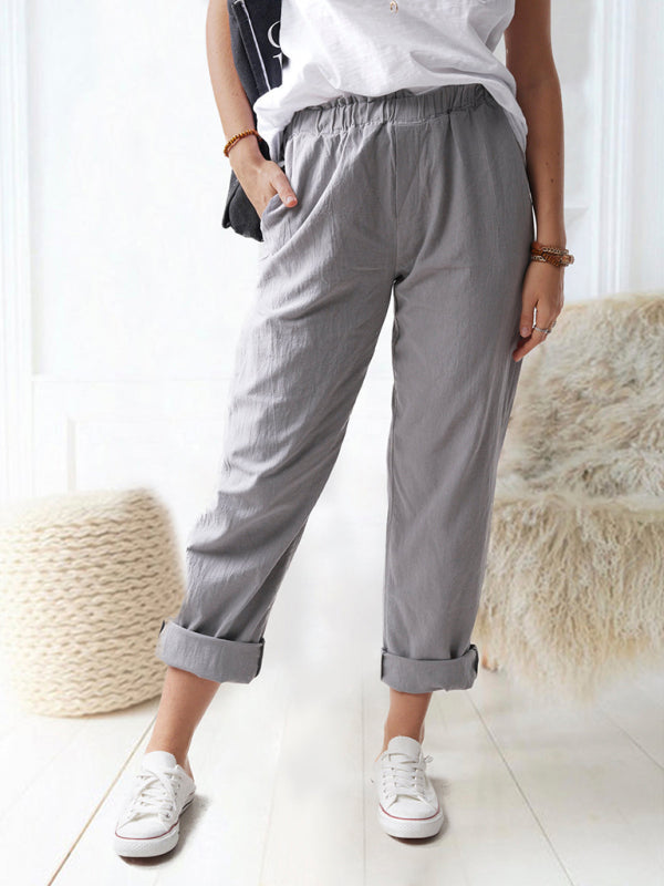 Solid Color Casual Elastic High Waist Straight Trousers