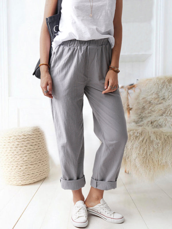 Solid Color Casual Elastic High Waist Straight Trousers