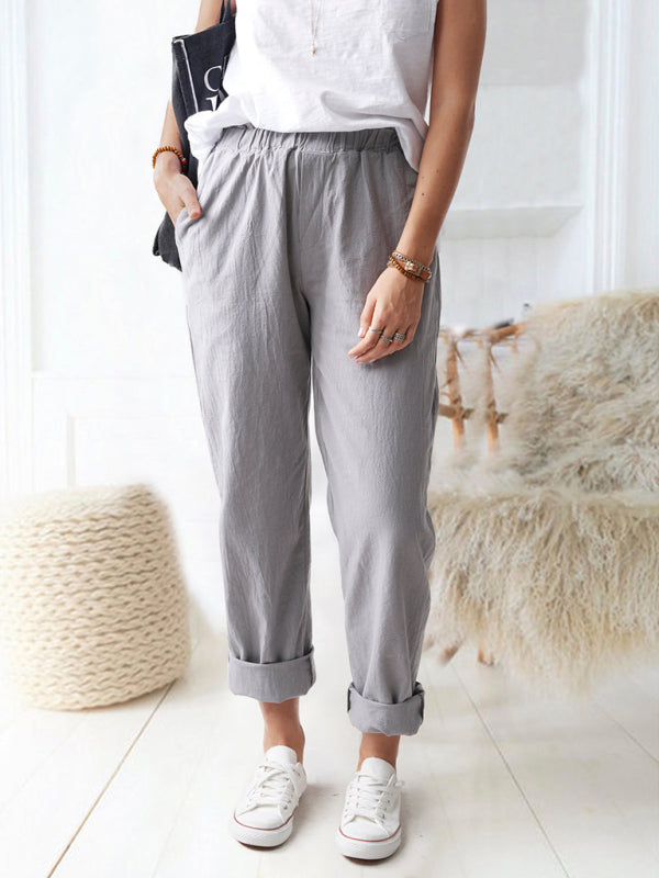 Solid Color Casual Elastic High Waist Straight Trousers