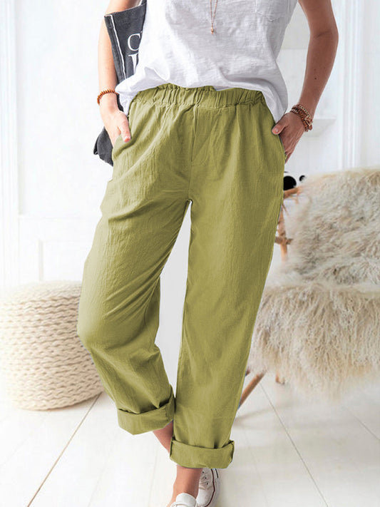 Solid Color Casual Elastic High Waist Straight Trousers