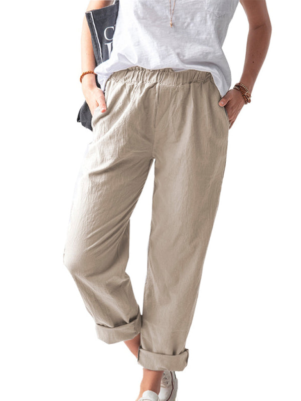 Solid Color Casual Elastic High Waist Straight Trousers