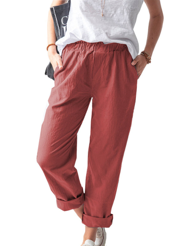 Solid Color Casual Elastic High Waist Straight Trousers