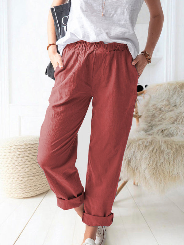 Solid Color Casual Elastic High Waist Straight Trousers