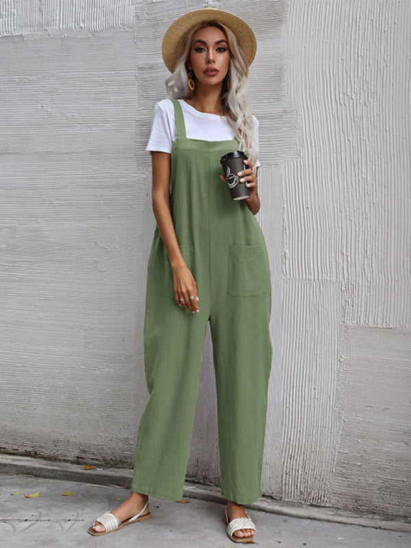 Women's Solid Color Linen Overalls