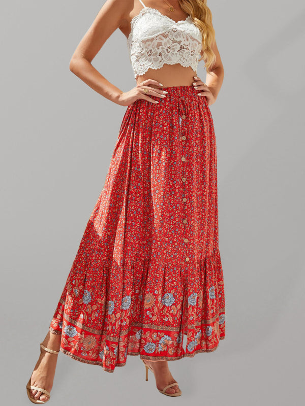 Women's Bohemian Print Elastic Waist Tie Tiered Maxi Skirt