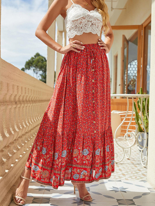 Women's Bohemian Print Elastic Waist Tie Tiered Maxi Skirt