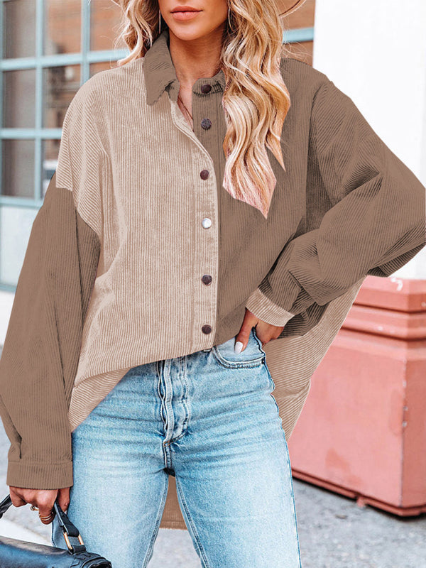 Women's Mixed Solid Color And Corduroy Fabrication Buttoned Shirt