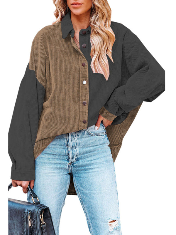 Women's Mixed Solid Color And Corduroy Fabrication Buttoned Shirt