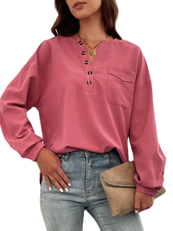 Women's Solid Color Button-up Crew Neck Henley Long Sleeve Top