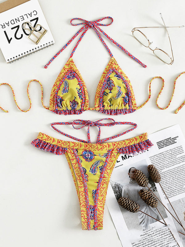 Women's Ethnic Print Halter Neck Tie Bikini