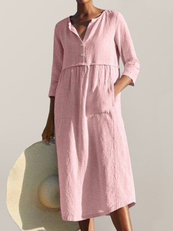 Round Neck Button Pocket Cotton Linen Long Sleeve Solid Color Dress