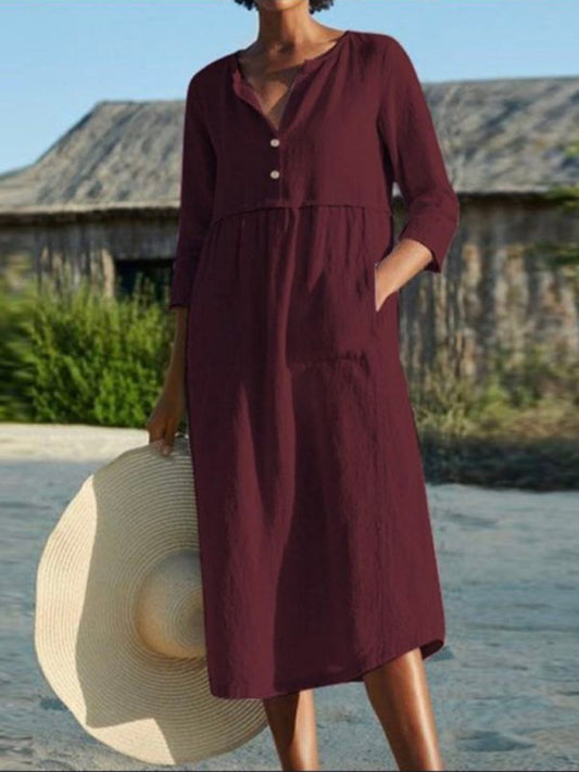 Round Neck Button Pocket Cotton Linen Long Sleeve Solid Color Dress