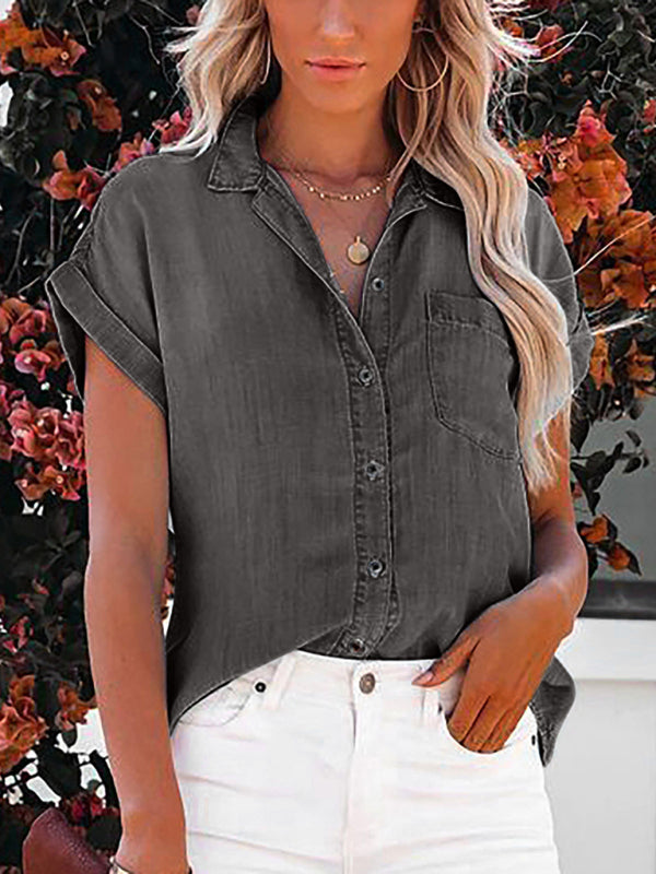 Women's Denim Short-sleeve Button-up Shirt