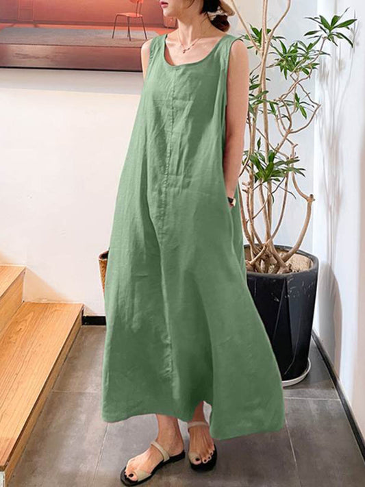 Women's Cotton Linen Simple Style Loose Pocket Round Neck Temperament Sleeveless Dress