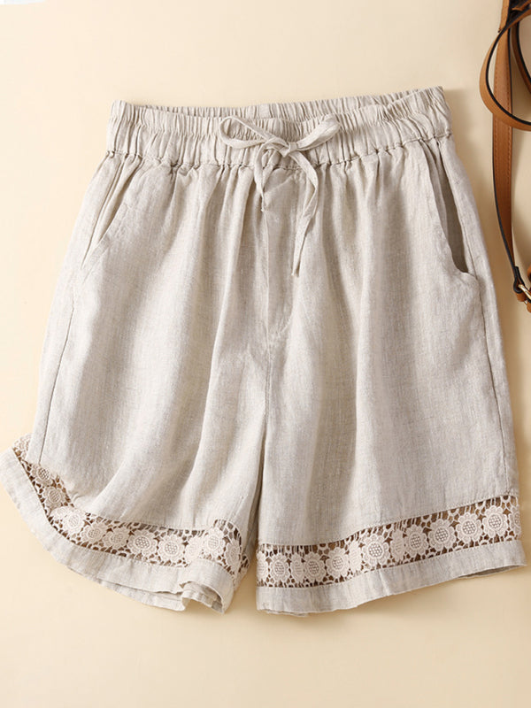 Women's Woven Cotton Hollow Lace Loose Shorts