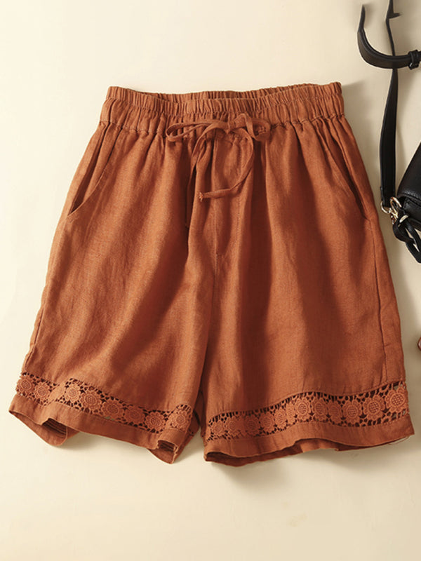 Women's Woven Cotton Hollow Lace Loose Shorts