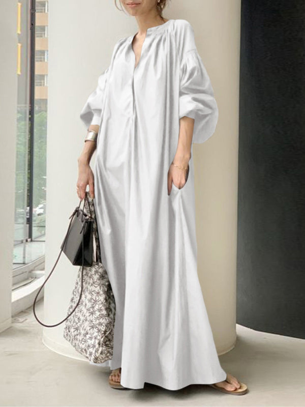 Women's Elegant Solid Color Balloon Sleeve Shirt Dress