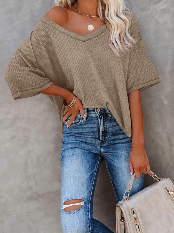 New V Neck Dolman Sleeve Waffle Knit Loose Solid Color Short Sleeve T-Shirt