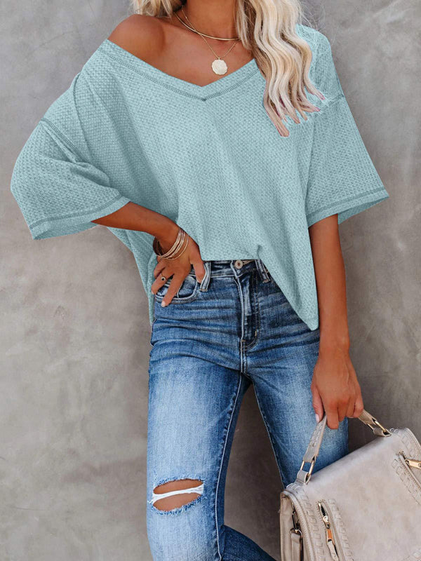 New V Neck Dolman Sleeve Waffle Knit Loose Solid Color Short Sleeve T-Shirt