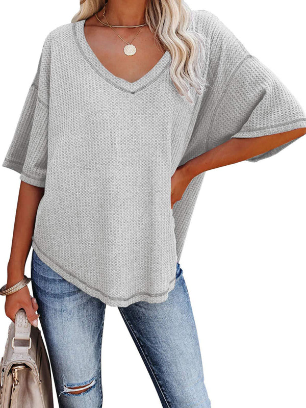 New V Neck Dolman Sleeve Waffle Knit Loose Solid Color Short Sleeve T-Shirt