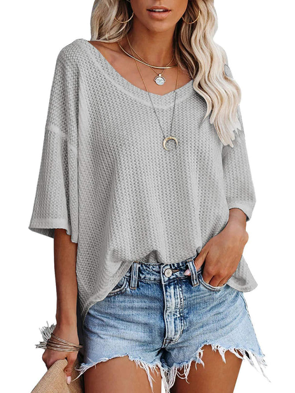 New V Neck Dolman Sleeve Waffle Knit Loose Solid Color Short Sleeve T-Shirt