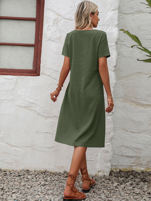 Cotton Linen Solid Color Loose Round Neck Basic Short Sleeve Dress