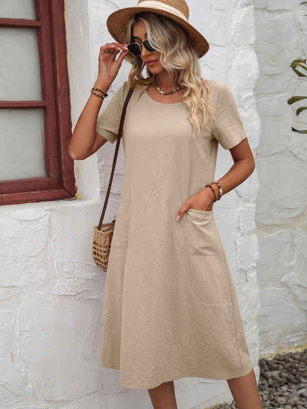 Cotton Linen Solid Color Loose Round Neck Basic Short Sleeve Dress