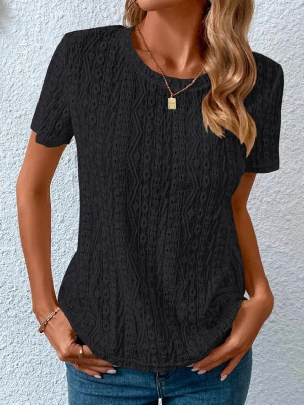 Women's Comfortable Fresh Sweet Round Neck Hollow Short Sleeve T-Shirt